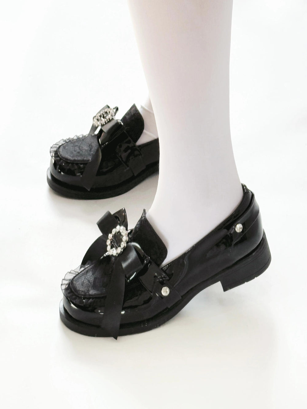 Jirai Kei Low-heeled Shoes with Round Rhinestone Bow 42708:751514