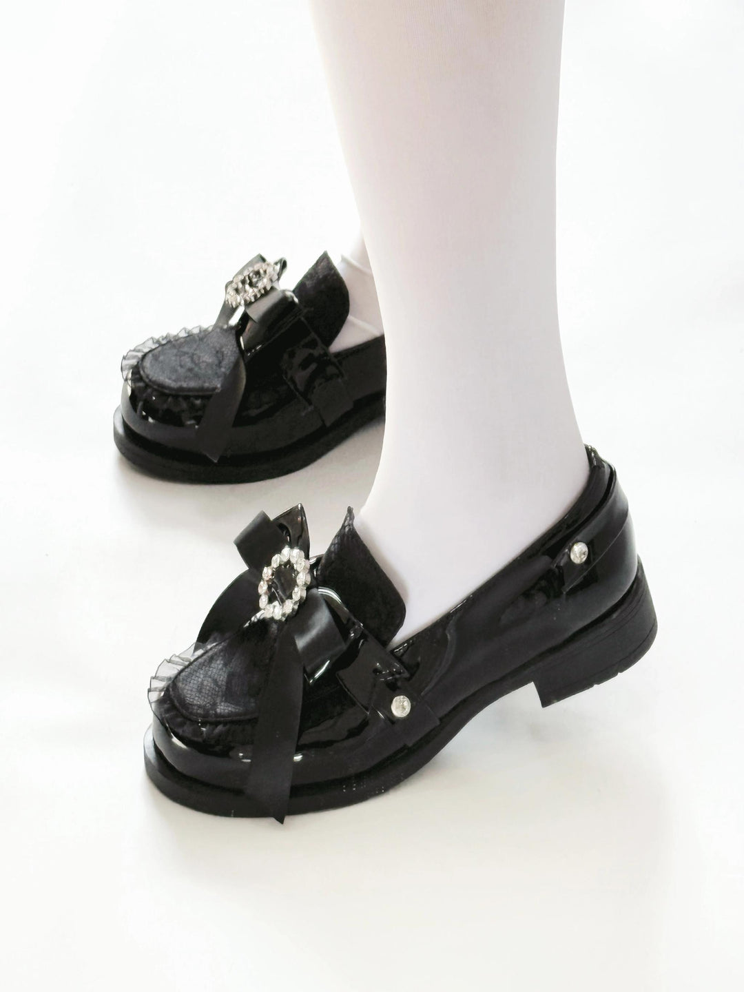 Jirai Kei Low-heeled Shoes with Round Rhinestone Bow 42708:751514