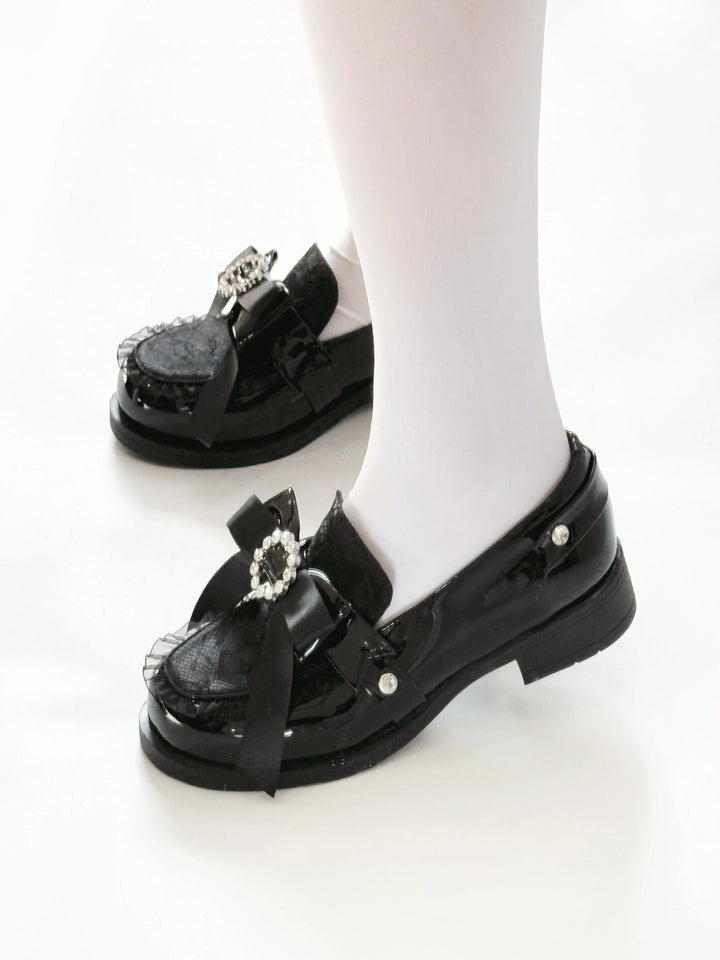 Jirai Kei Low-heeled Shoes with Round Rhinestone Bow 42708:751514