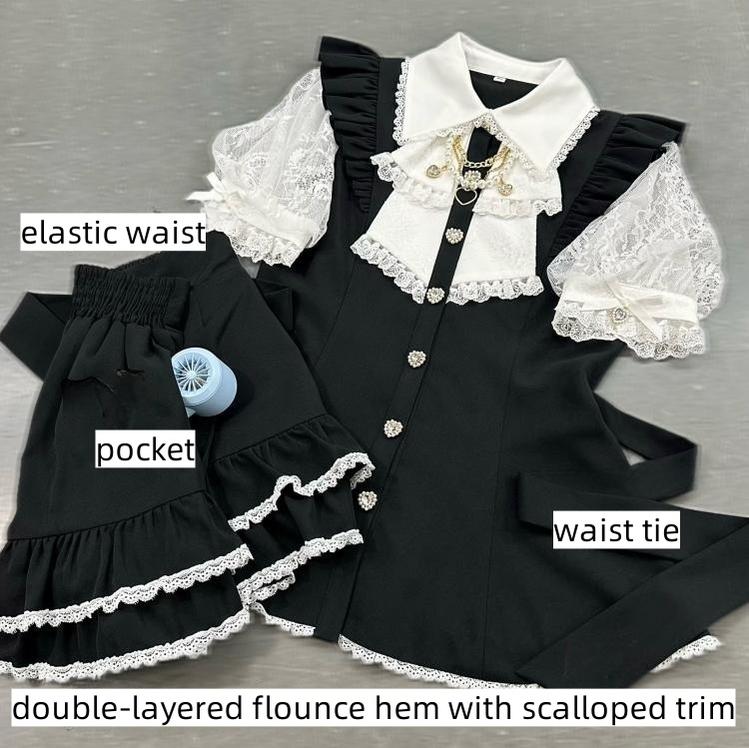 Plaid/Black Jirai Kei Dress Set, Lace Sleeve, Pearl Chain 43241:774511