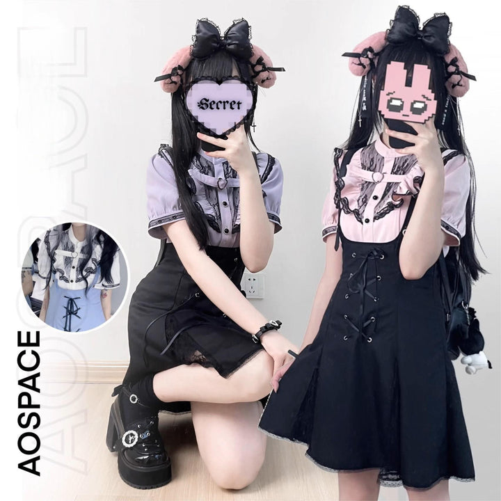 Jirai Kei Bi-color Blouse, Suspender Skirt Set 21976:365404