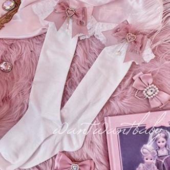 Jirai Kei Socks Black White Pink Blue Bow Lace Socks 21754:320620
