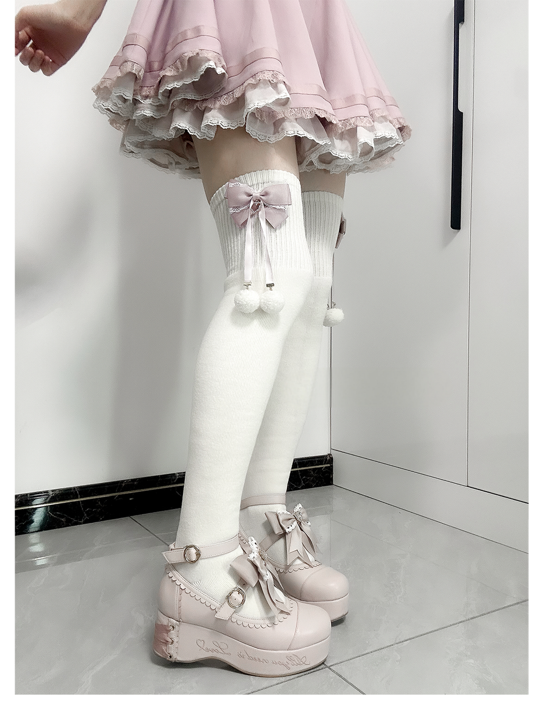 Jirai Kei Knee Socks Thick Plush Padded Bow Socks 40890:679110