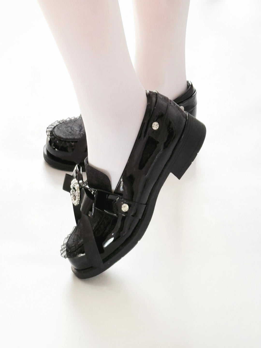 Jirai Kei Low-heeled Shoes with Round Rhinestone Bow 42708:751510