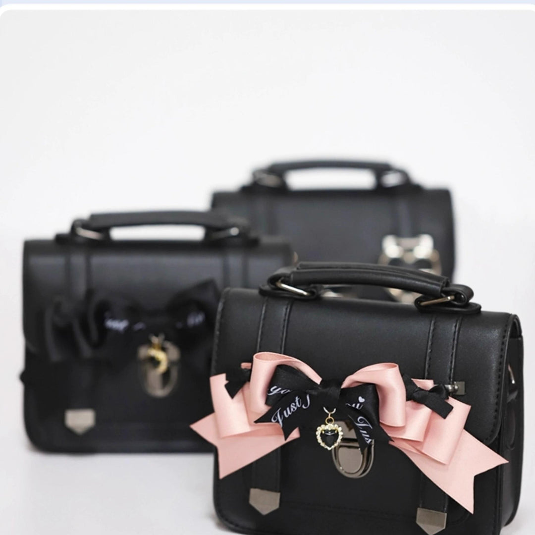 Black Jirai Kei Bag JK Uniforms Bag With Bow And Rhinestone 22512:334190