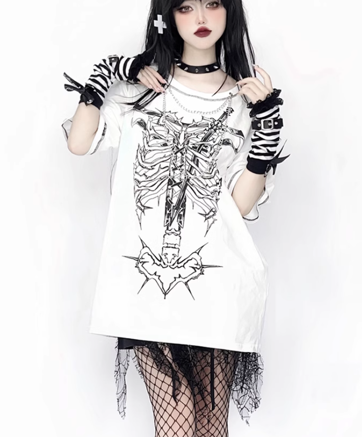 Gothic T-shirt Punk Ribbone Print Top Drop-Shoulder Shirt 39132:614768