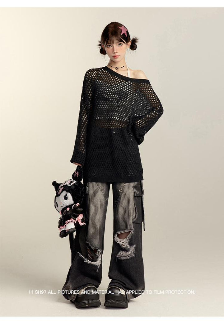 Punk Pants Black Straight Wide Leg Ripped Jeans Autumn 39760:642272