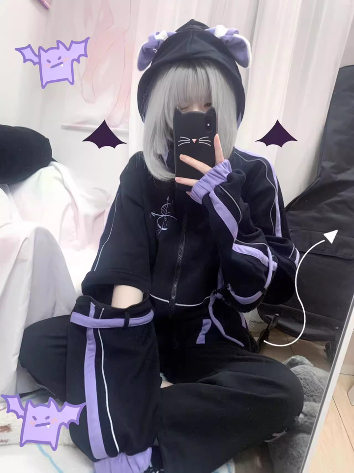 Plus Size Jirai Kei Jacket With Bunny Ears Functional Hoodie Pants Set 39126:615762