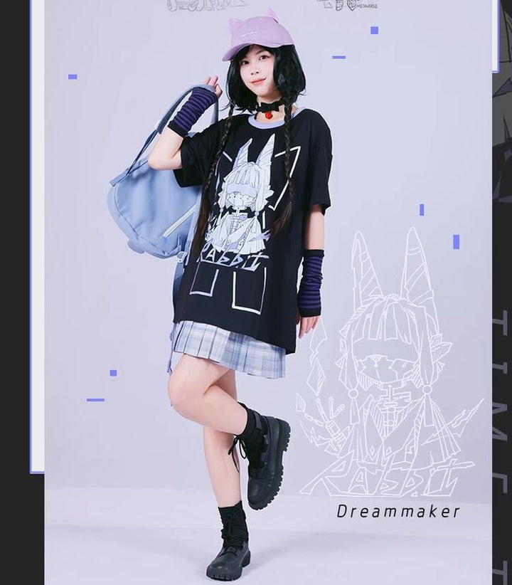 Mechanical Rabbit Print Shirt Purple Pleated Skirt 39060:612156