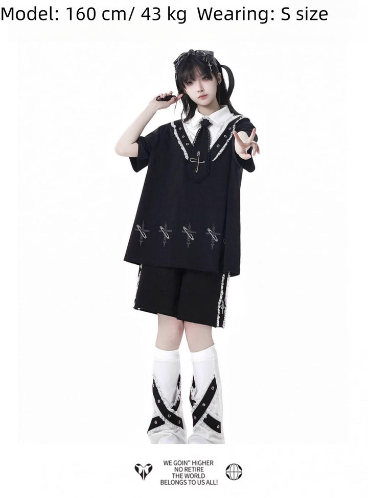 Black Cotton Sport-styled Jirai Kei Hoodie Dress & Shorts Set 42980:761494