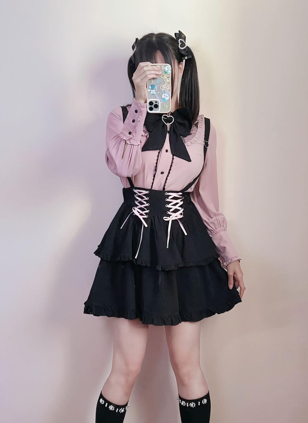 Pink Jirai Kei Blouse, Black Lace Up Skirt (L M S XL) 21832:760684