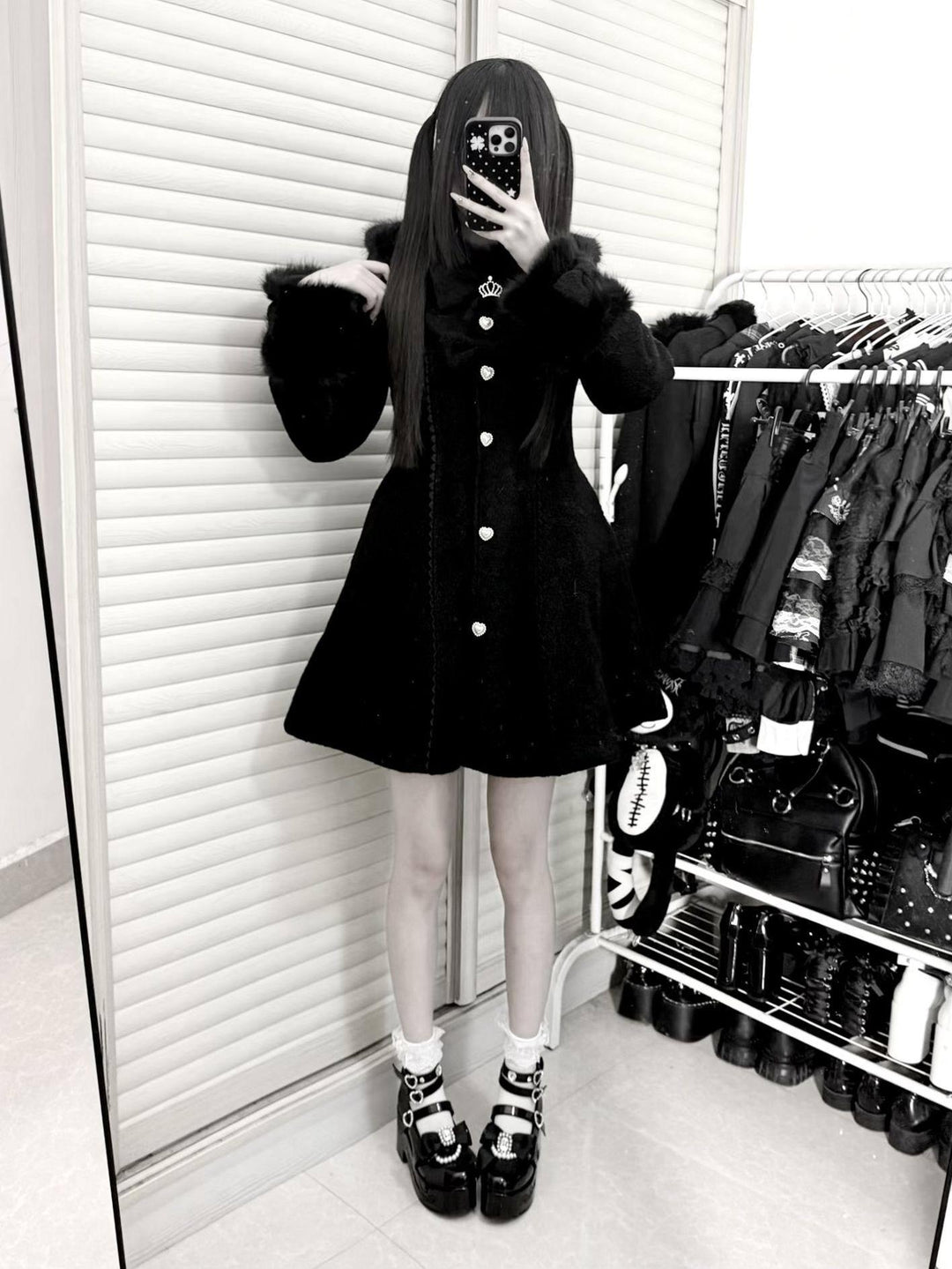 Jirai Kei Wool Blend Winter Coat, Quilted Lining 44567:813953