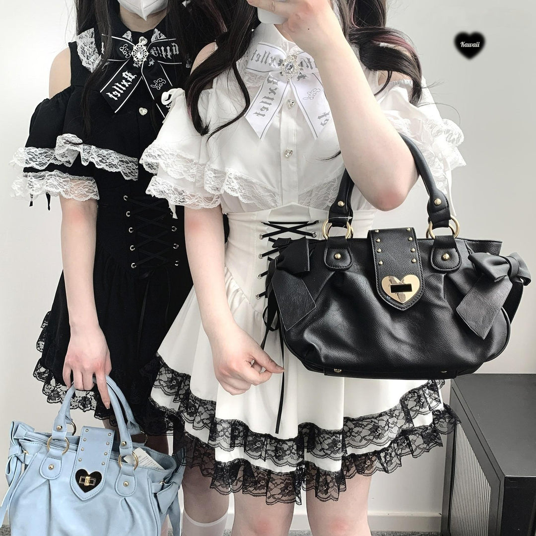 Jirai Kei Shirt Lace Open-shoulder Blouse Short Sleeve Top (M S) 36782:537558