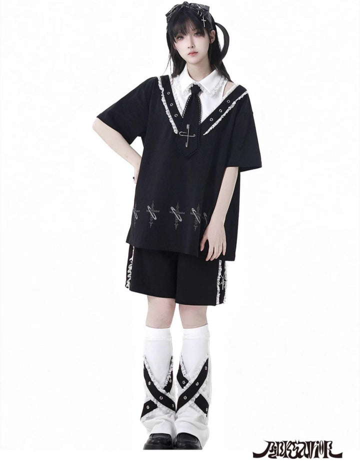 Black Cotton Sport-styled Jirai Kei Hoodie Dress & Shorts Set 42980:761491