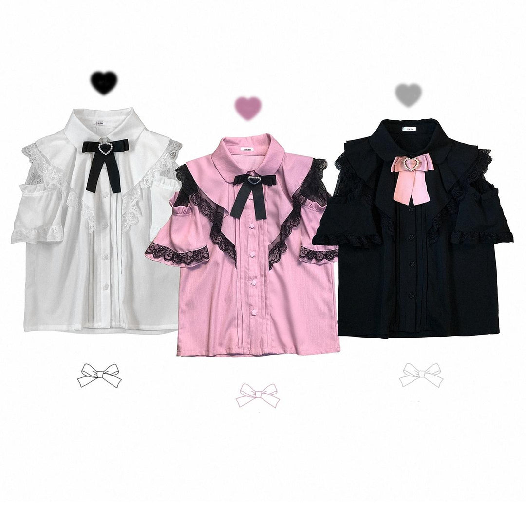Jirai Kei Lace Cape Blouse Short-Sleeved Cutout Shirt 35360:494380