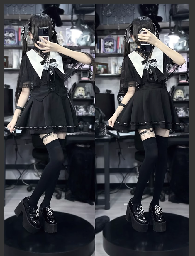 Jirai Kei Skirt Angel Wing Collar Blouse Double Layered Skirt 39538:634884