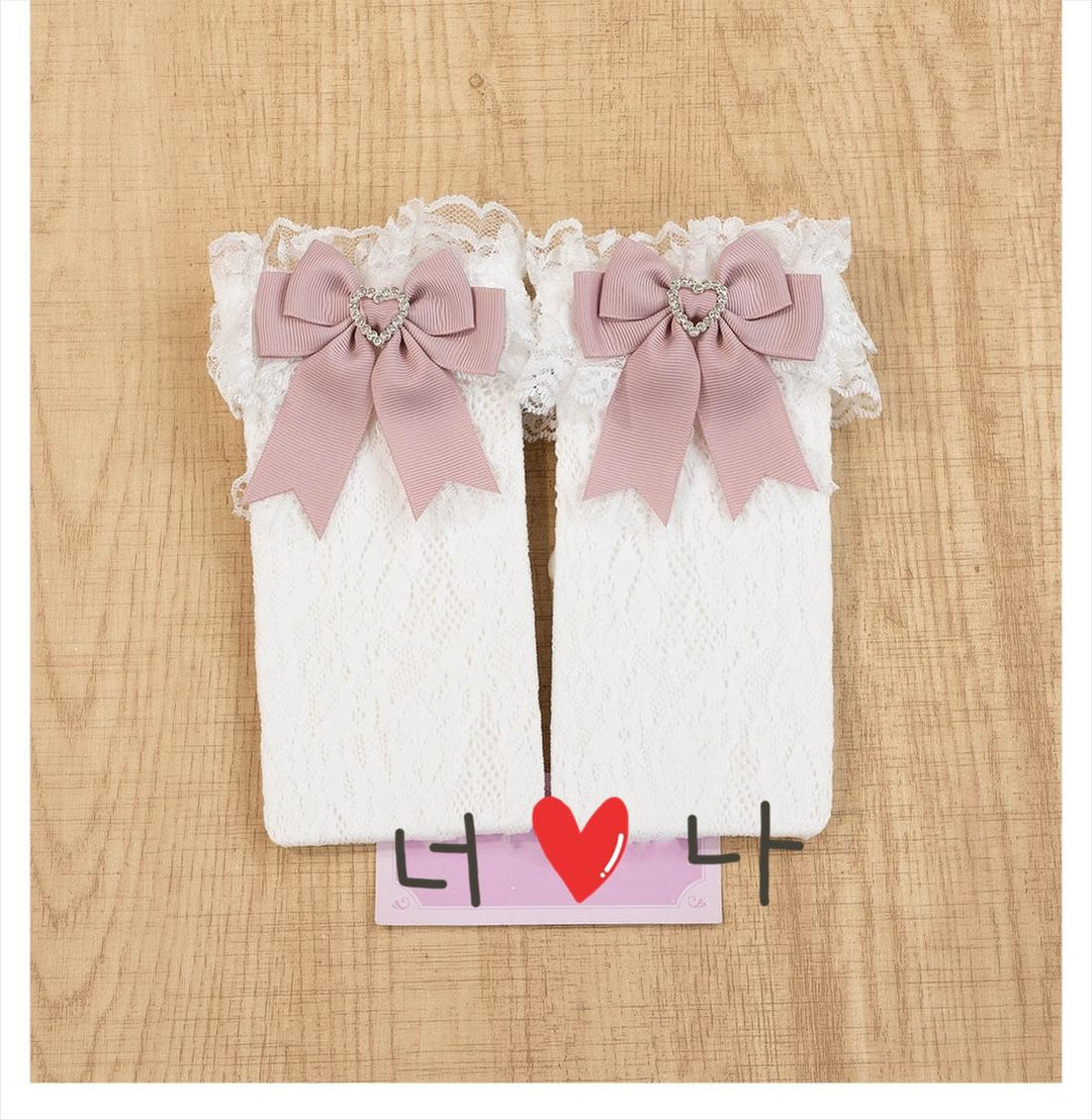Jirai Kei Socks Kawaii Heart-Shaped Rhinestones and Bow Detail 21542:629526