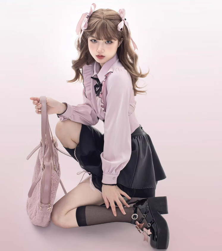 Jirai Kei Black Platform Shoes With Bow and Rhinestone 21982:321668