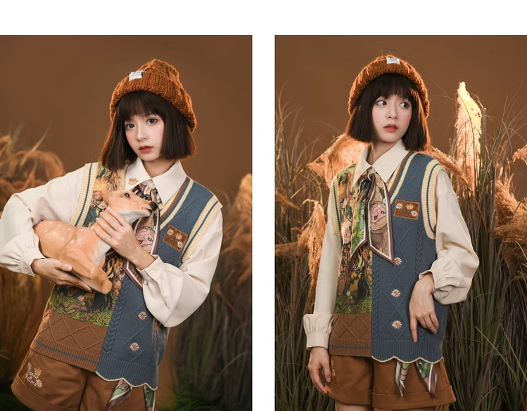 Mori Kei Clothing Set Retro Shirt Academy Vest Casual Shorts 39286:618842