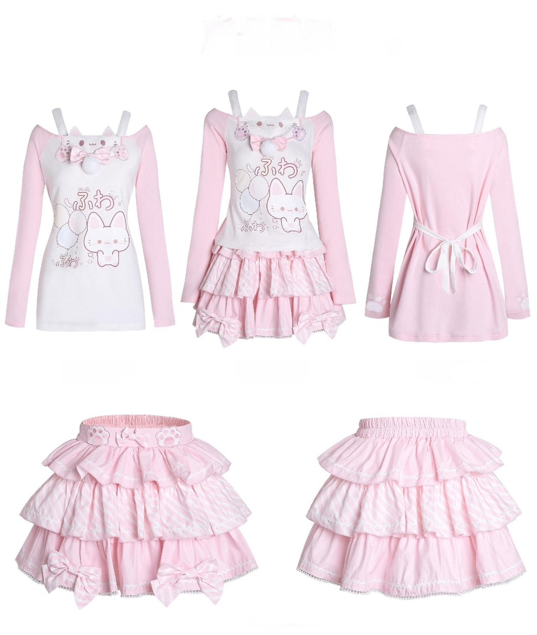 Kawaii Cat-Print Cotton Skirt Off-Shoulder Top with Choker 42812:755926