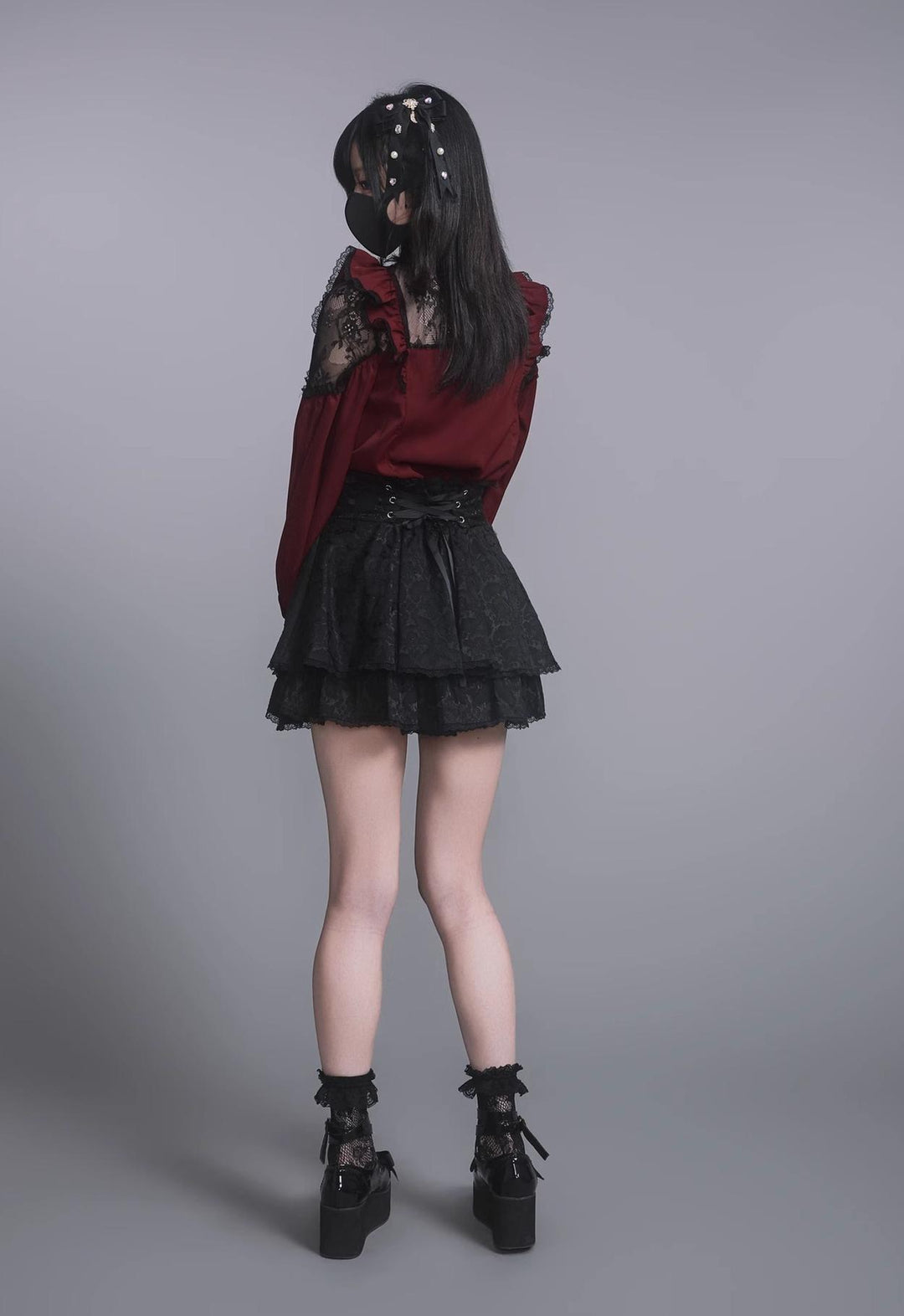 Jirai Kei Stand Collar Shirt with Lace Shoulder And Ribbon 42748:752318