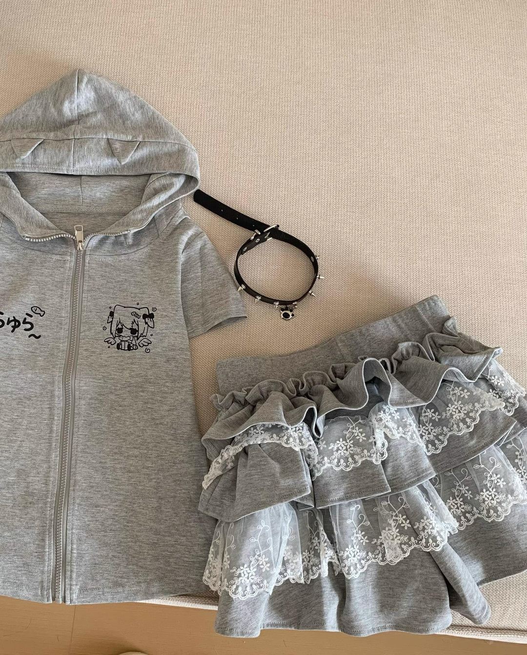 Kawaii Lace Cake Skirt with Sporty Zip-Up & Triple Ruffles 42702:750996
