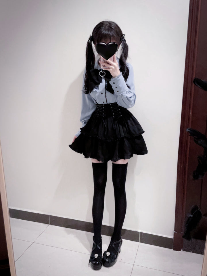 Pink Jirai Kei Blouse, Black Lace Up Skirt 21832:461369