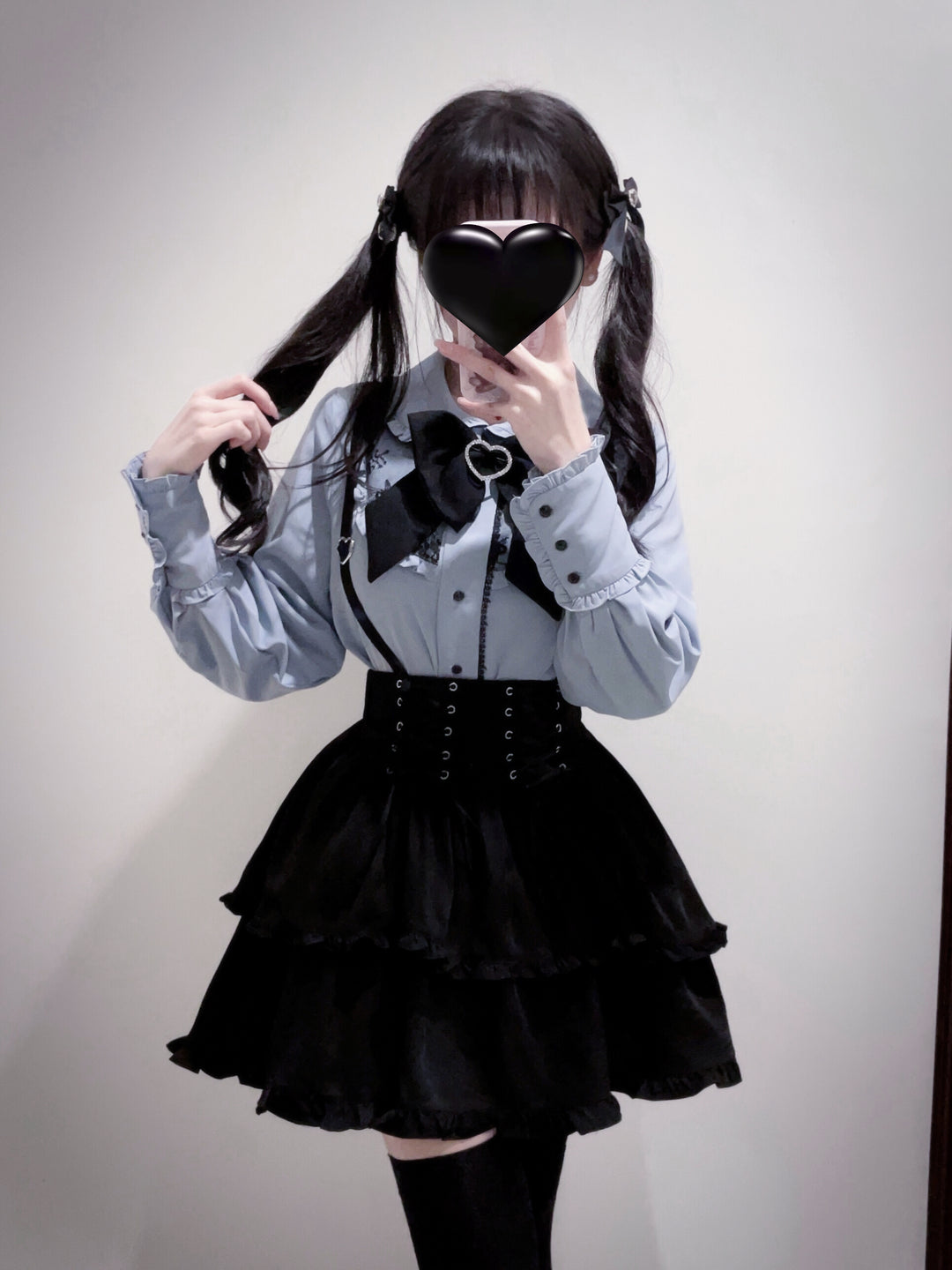 Pink Jirai Kei Blouse, Black Lace Up Skirt 21832:461355