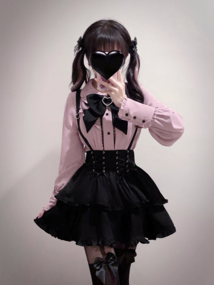 Pink Jirai Kei Blouse, Black Lace Up Skirt 21832:461353