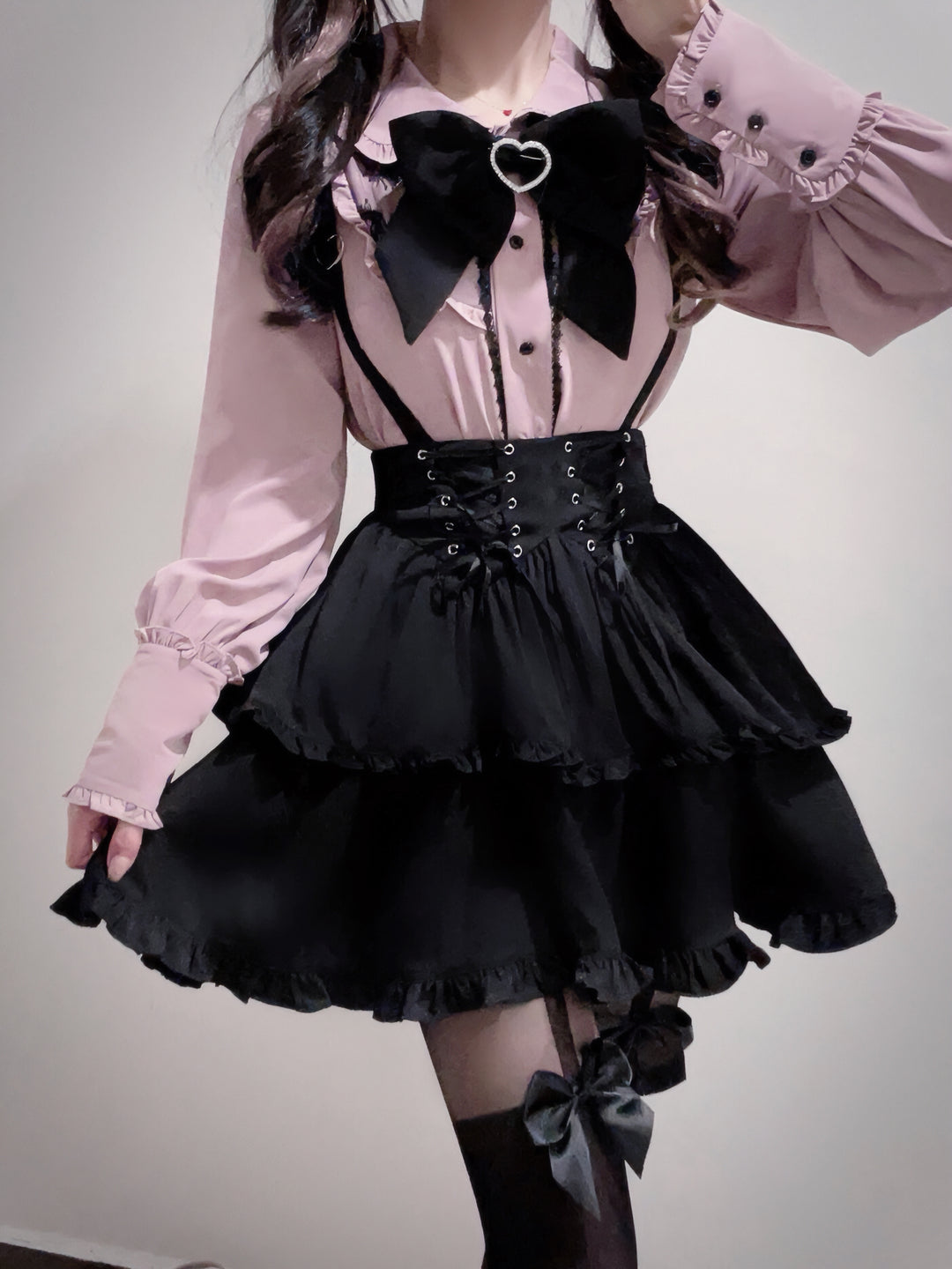 Pink Jirai Kei Blouse, Black Lace Up Skirt 21832:461357