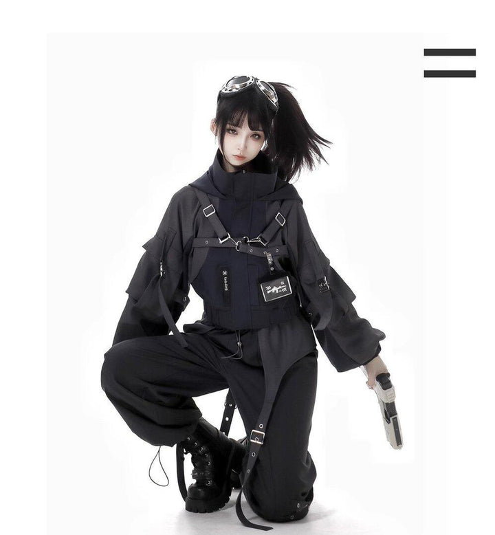 Techwear Black Jacket, Futuristic Pants & Skirt 44862:828388