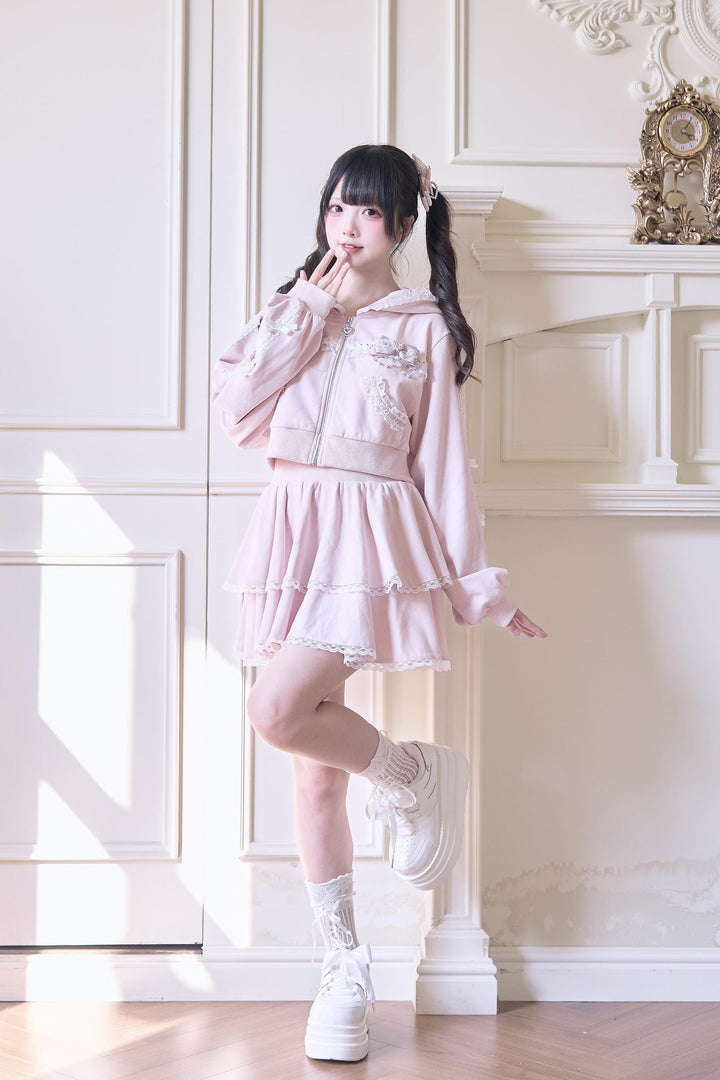 Sport Jirai Kei Hoodie Jacket Pants and Skirt with Lace Detail 42521:752323