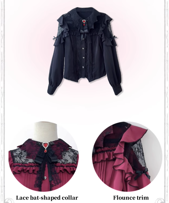 Jirai Kei Blouse Lace Bat Collar Burgundy And Black Shirt 39630:633466