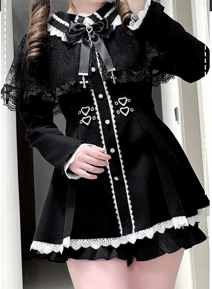Striped Jirai Kei Dress, Black Lace Shawl 44786:827978