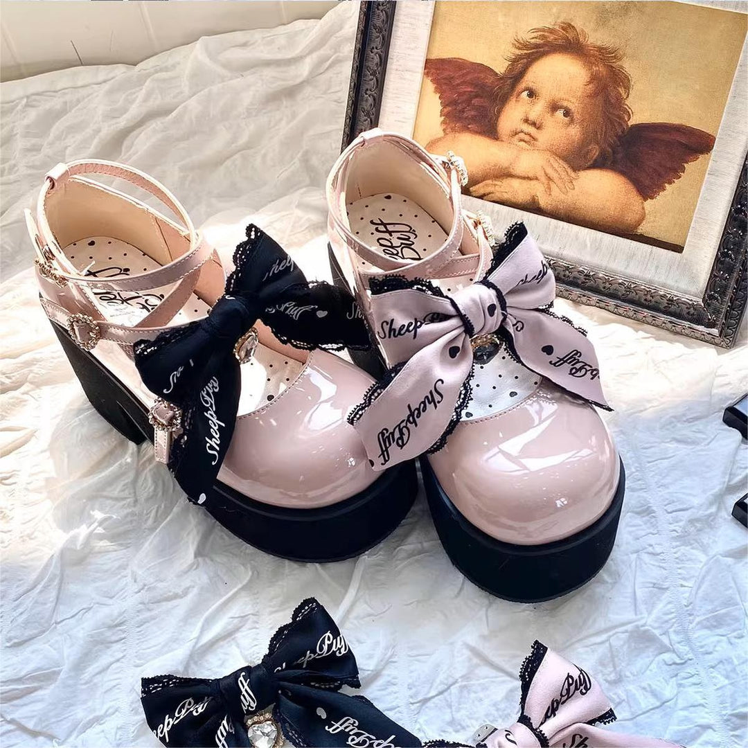 Jirai Kei Shoes Black Pink Platform Shoes Bow Buckle Shoes 21984:351164