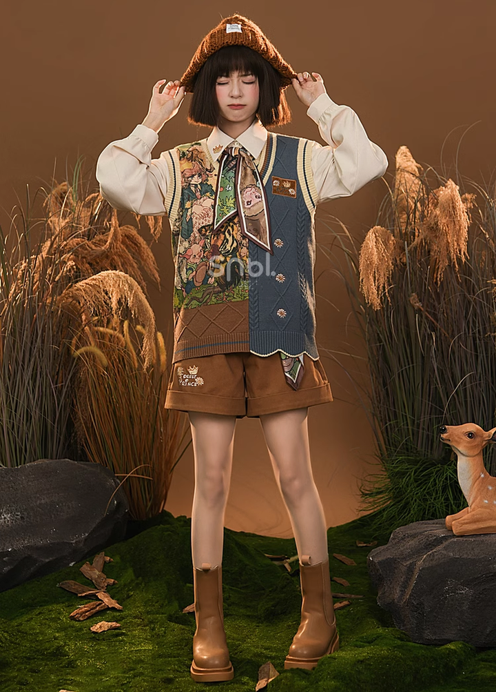 Mori Kei Clothing Set Retro Shirt Academy Vest Casual Shorts 39286:618856