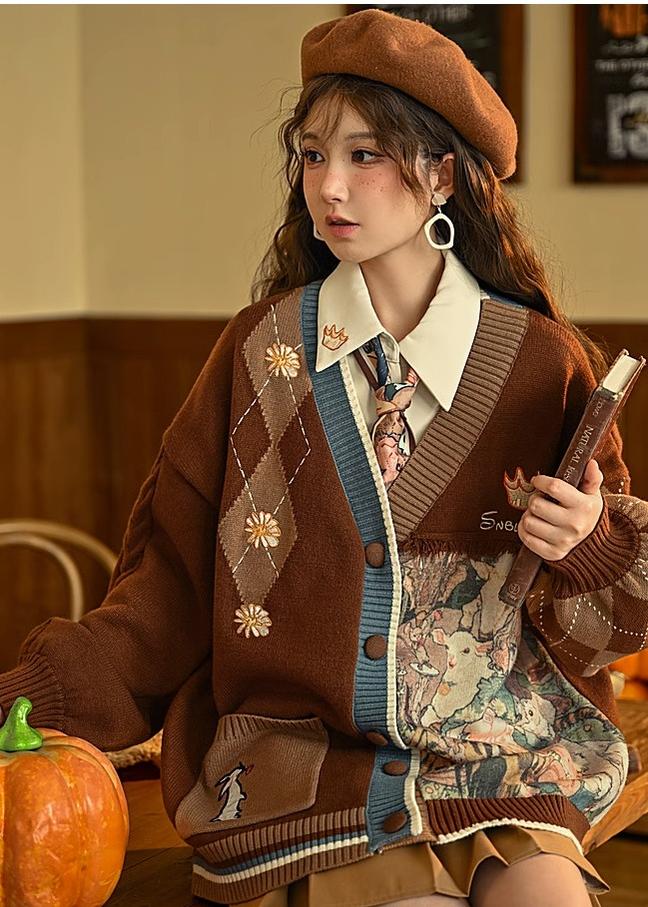 Mori Kei Vintage Style Melrad Knit Sweater Shirt Skirt Set 22716:335836