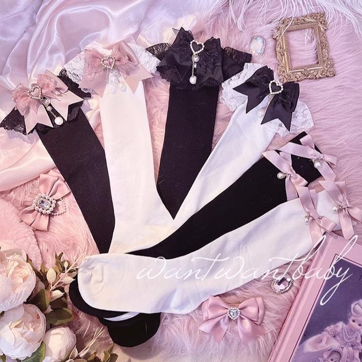 Jirai Kei Socks Black White Pink Blue Bow Lace Socks 21754:320608
