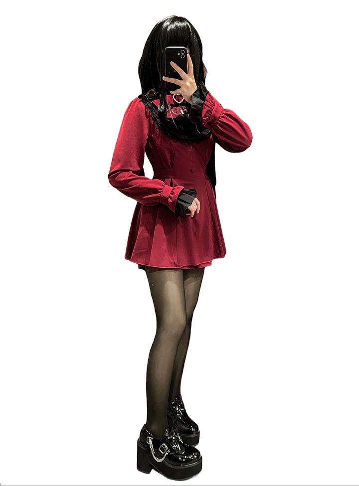 Jirai Kei Set Up Lace Embroidered Waist-cinching Dress (2XL 3XL 4XL L M S XL XS / Red) 33722:582670