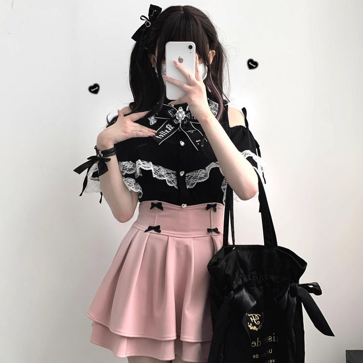 Jirai Kei Shirt Lace Open-shoulder Blouse Short Sleeve Top (M S) 36782:537520