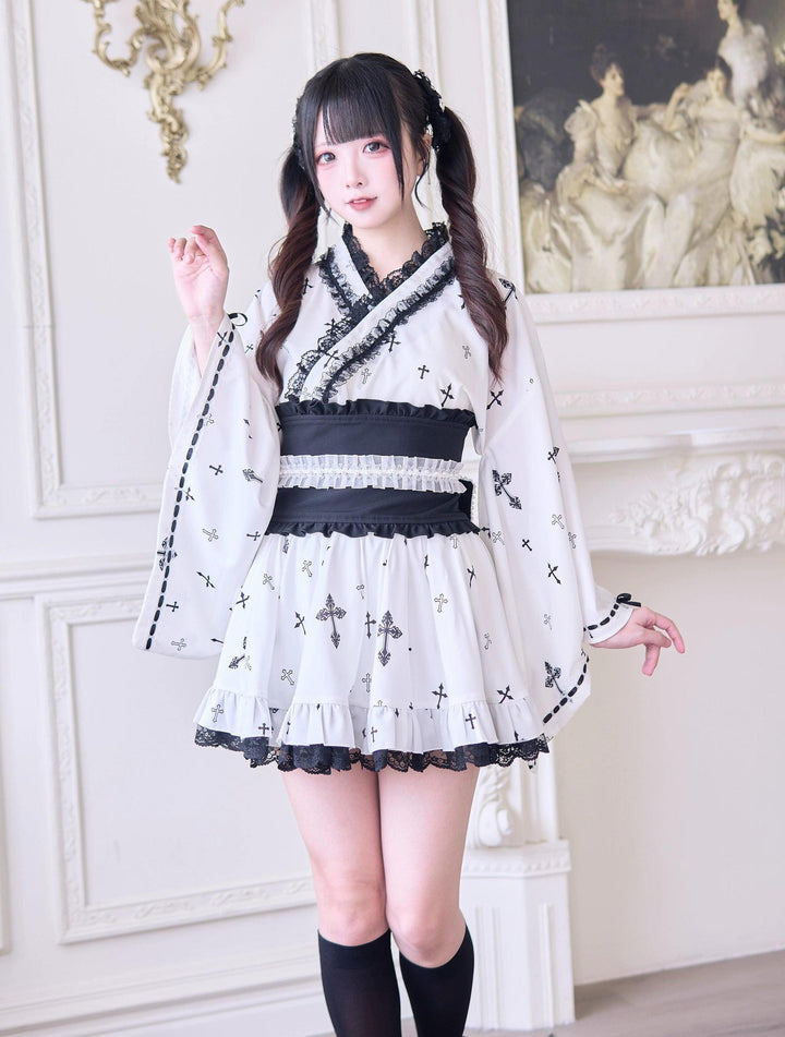Wa-Style Jirai Kei Kimono Blouse + Ruffle SKirt + Wide Obi Belt 42799:776032