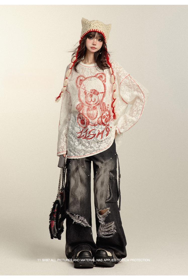 Punk Pants Black Straight Wide Leg Ripped Jeans Autumn 39760:642260