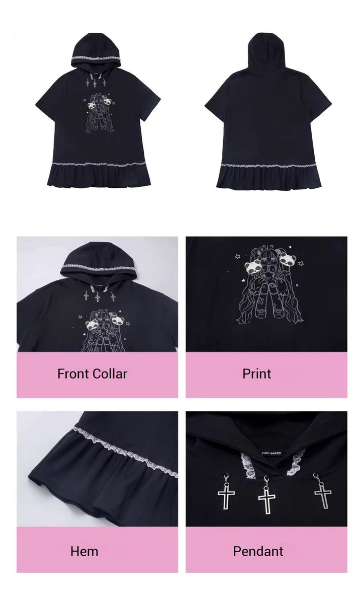 Black Cotton Sport-styled Jirai Kei Hoodie Dress & Shorts Set 42980:761501