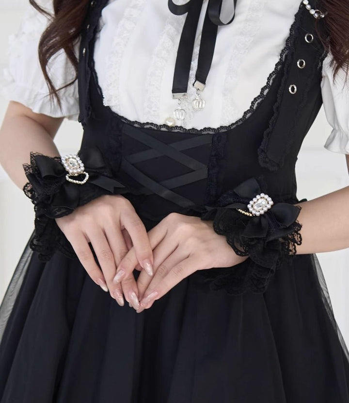Jirai Kei Lace Cuffs, Pearl, Rhinestone & Heart Pendant 43317:774265