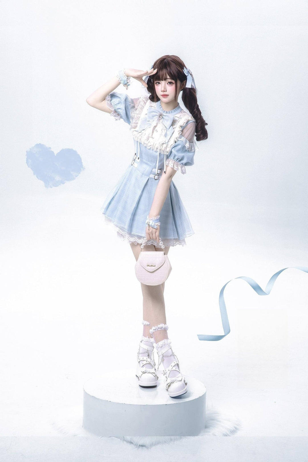 Water Blue Jirai Kei Dress with Box Pleated Skirt And Square Rhinestone 42704:750875
