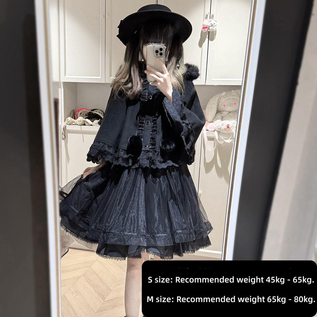 Jirai Kei Winter Cape, Lace Blouse, High-Waist Skirt (2XL 3XL 4XL L M S XL) 44199:808483
