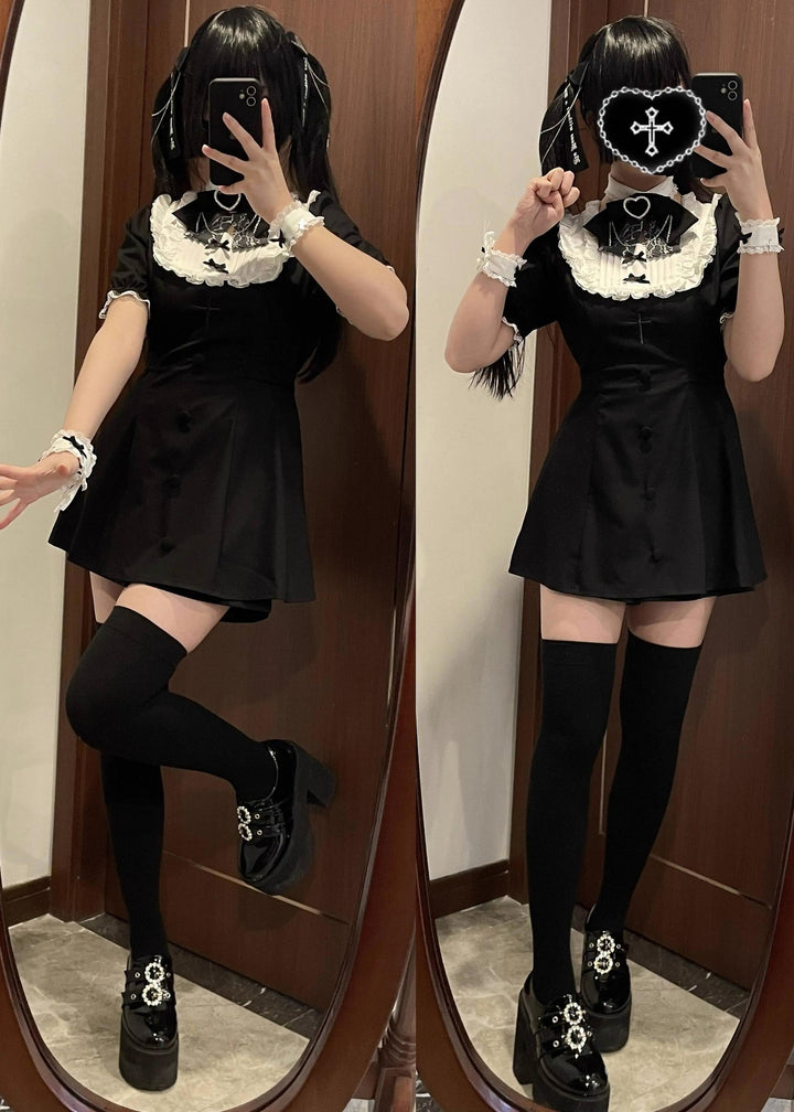 Jirai Kei Dress Set Short-sleeved Lace Knot Bow Dress Shorts 35108:483288