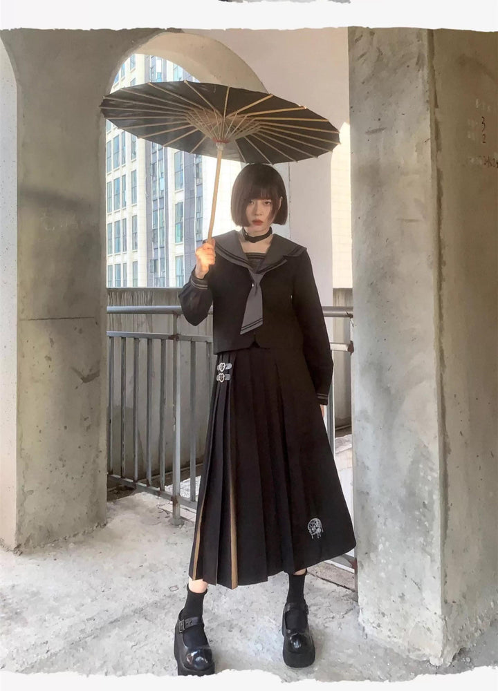 Black JK Uniform Sailor Collar Blouse Pocketed Pleated Skirt 43025:762730