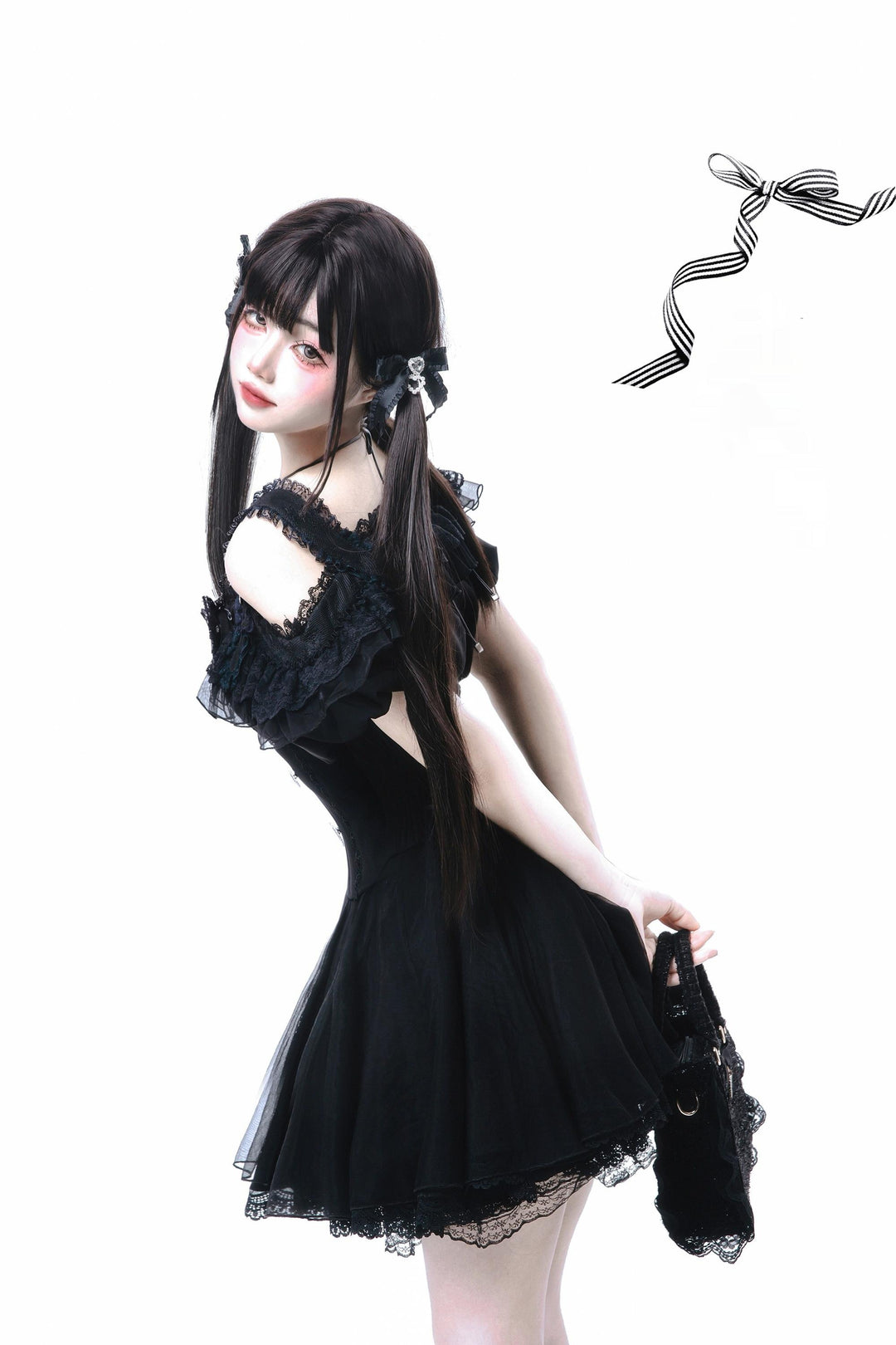 Jirai Kei Skirt Set Open-shoulder Blouse with Heart Bow Tie 42864:755971