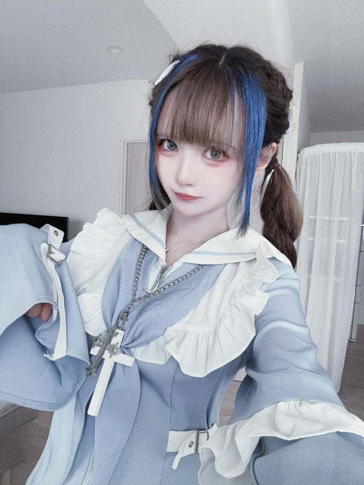 Jirai Kei Set Up Blue Lace Dress And Shorts Set 37046:761484